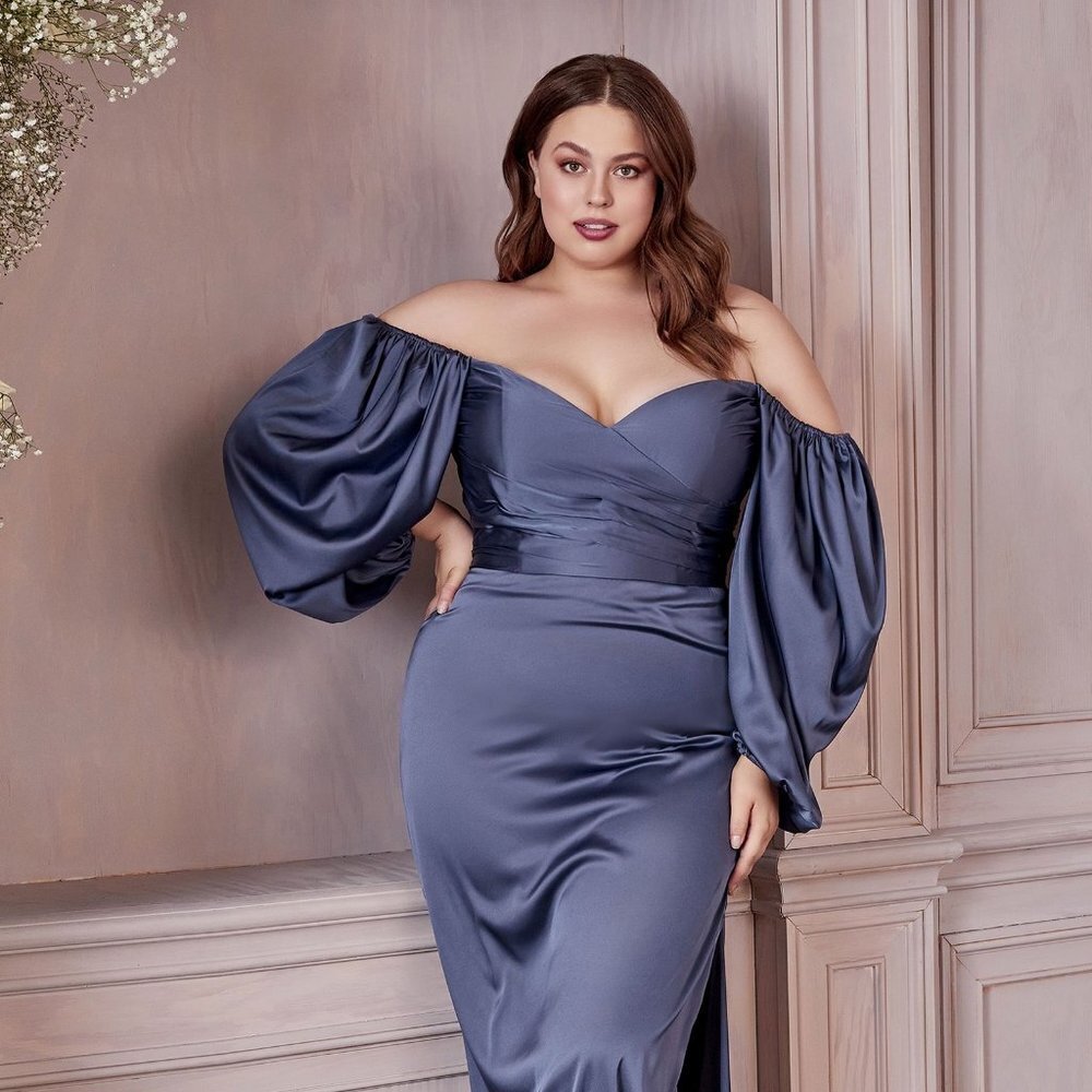 NEW SATIN FLOOR LENGTH DRESS WITH BILLOWY LONG SLEEVES AND ZIPPER BACK CD 7482C